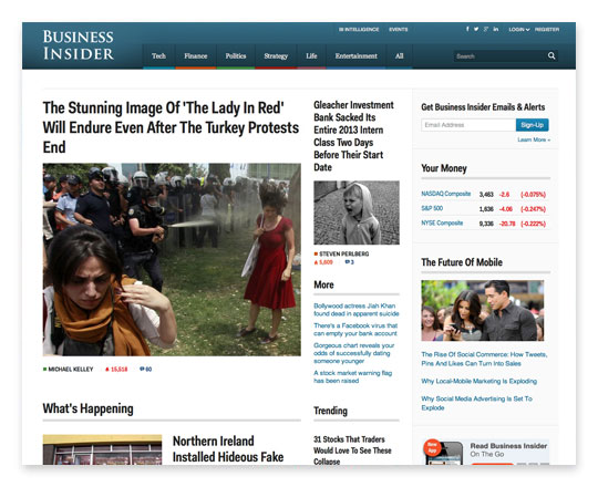 Archived Business Insider homepage redesign with a three-column news layout