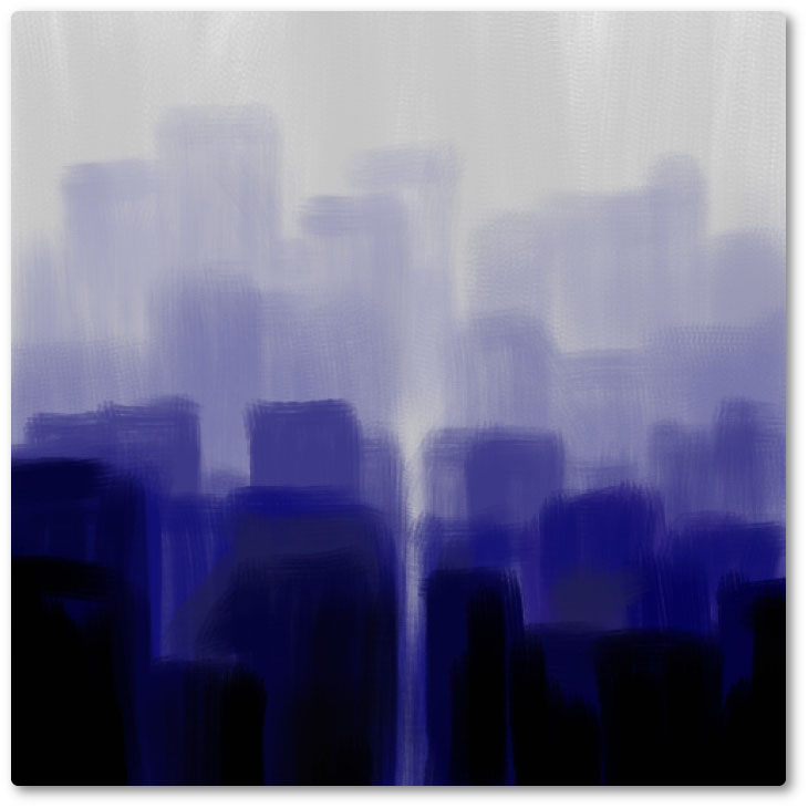 Blue and violet city skyline blurred by rain