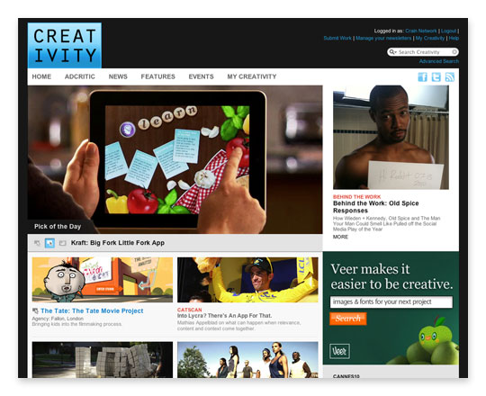 Archived Creativity homepage with editorial features and a modular grid