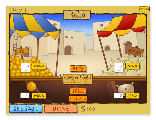 High Seas trading screen with two market stalls and cargo controls