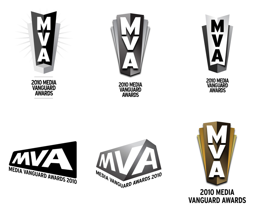 Six Media Vanguard Awards logo concepts exploring art-deco and angular vector directions