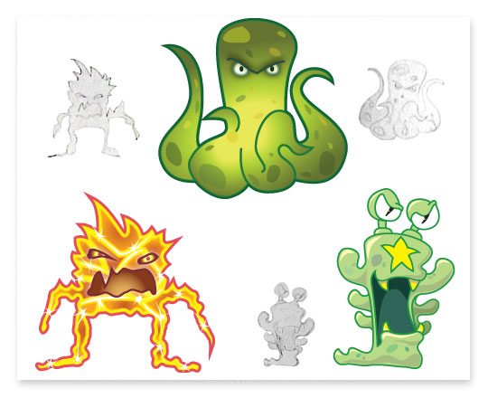 Pocket Mogs creature concepts combining sketches with colorful vector characters