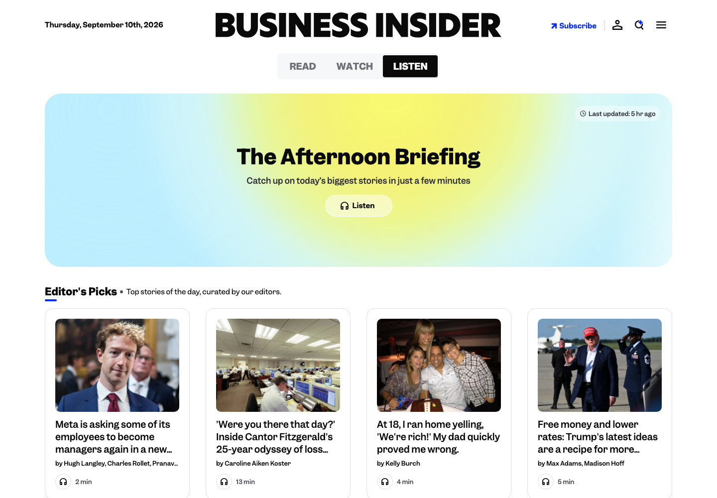 Business Insider’s Listen page with an audio briefing and editor-selected stories