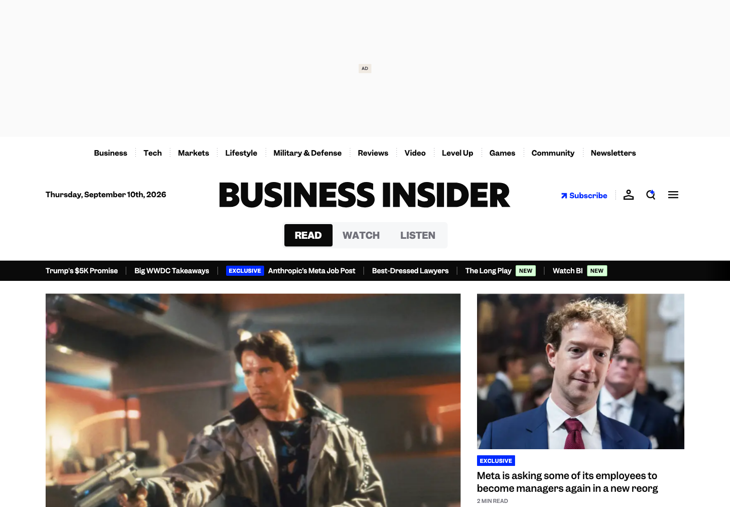 Business Insider’s Read homepage with the Read tab selected and top stories below