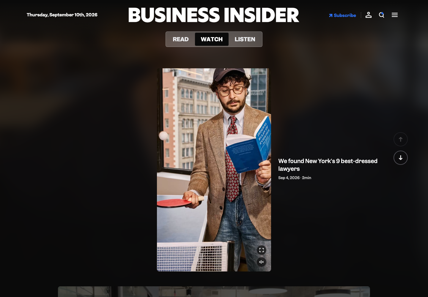 Business Insider’s Watch feed with Watch selected and a vertical video story