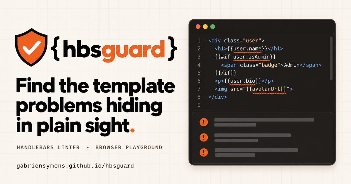 hbsguard Handlebars linter and browser playground shown alongside a template with highlighted diagnostics