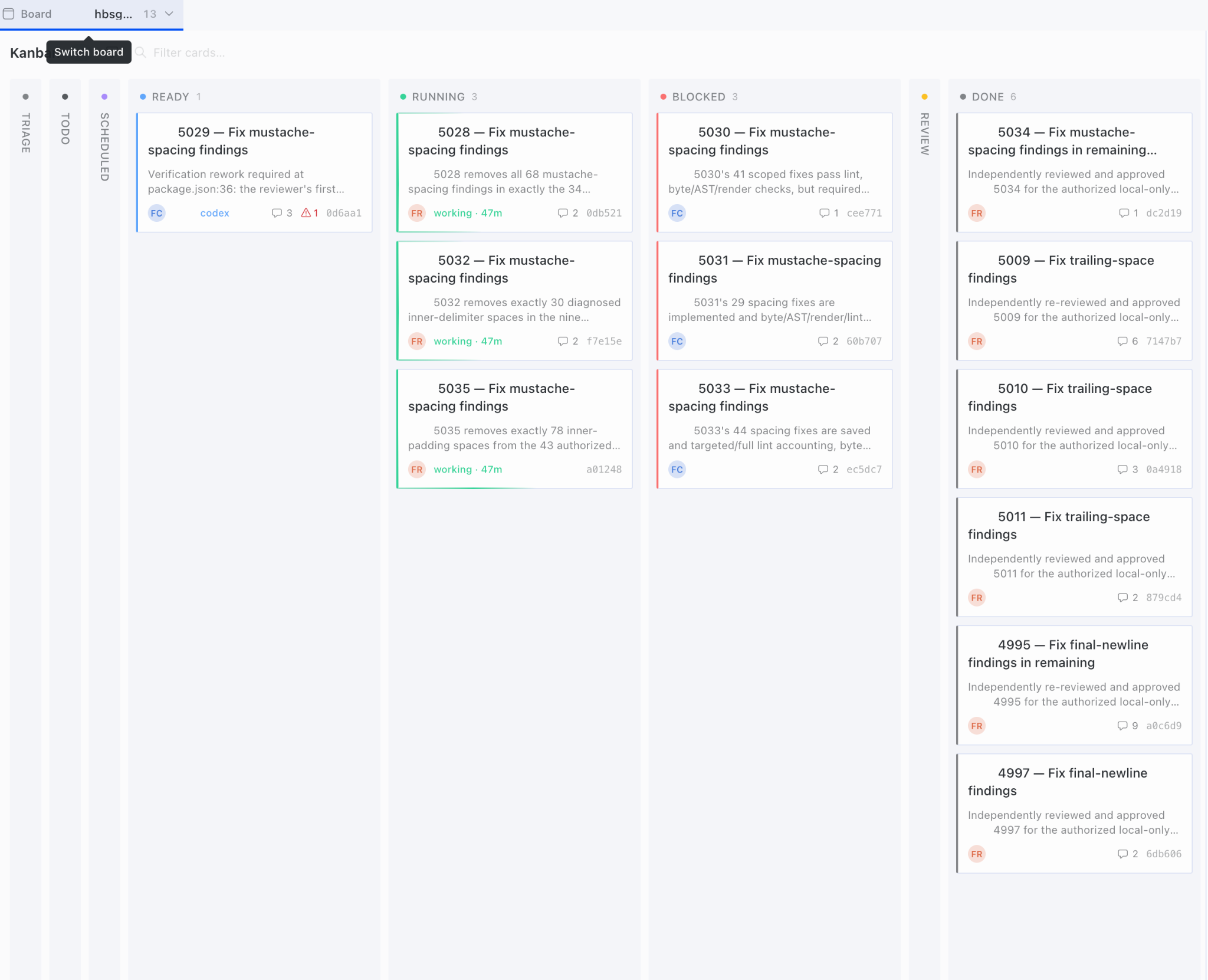 Hermes Kanban board with hbsguard tasks across Ready, Running, Review, and Done columns