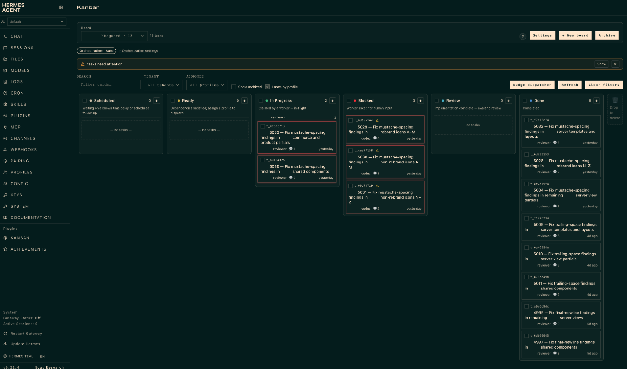 Local Hermes dashboard showing agent work in progress
